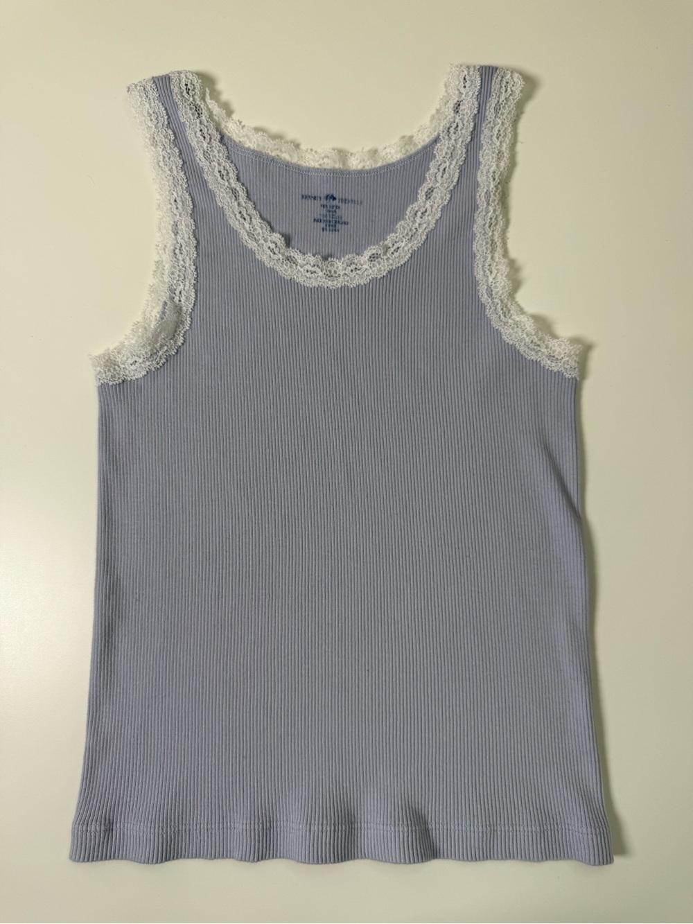 Brandy Melville | Ribbed Lace Trim Tank Top | Light Blue / White | One Size